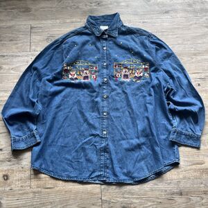 Vintage Embroidered Jean Blouse Button Up Women Medium Bears Christmas 90s Blue
